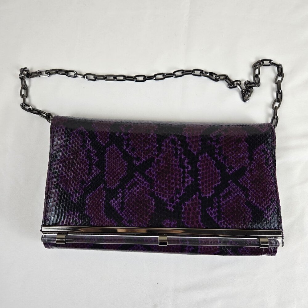 White House Black Market Purple Black Snakeskin Print Clutch Removable Chain